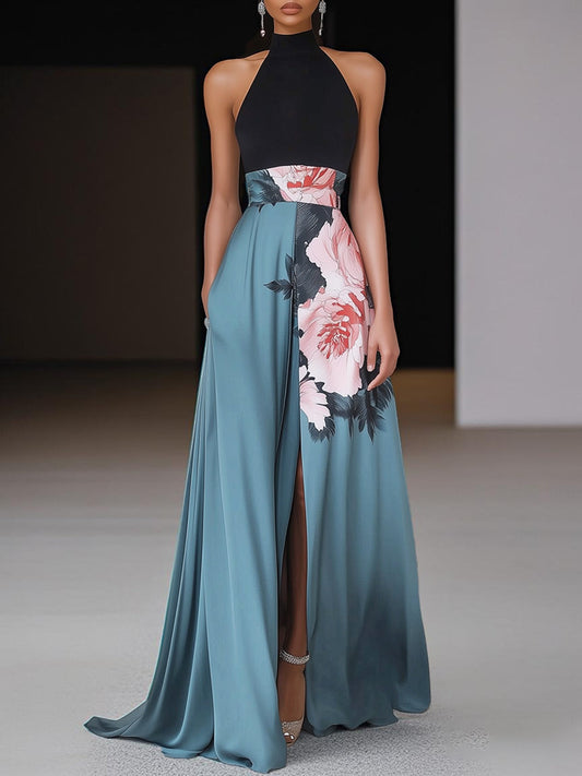 Elegant Floral Halter Maxi Evening Dress for Women