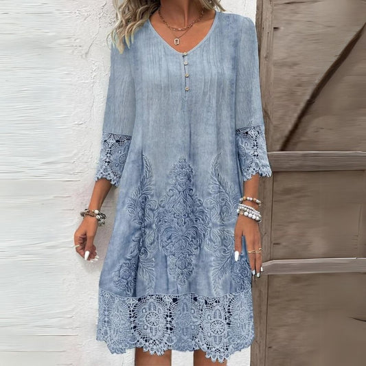 Elegant Lace Detail Shift Dress with Three-Quarter Sleeves