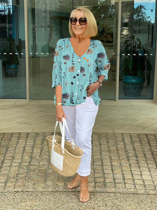 Women’s Floral Print Casual V Neck Blouse