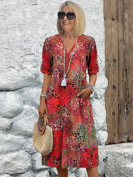 V-Neck Midi Dress Women Casual Summer Style