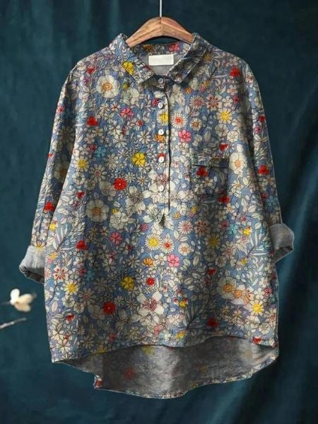 Printed Button-Up Shirt Women Loose Fit Floral Style