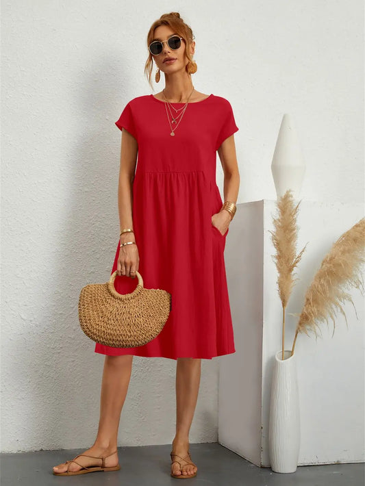 Women's Casual Loose Fit Midi Dress with Pockets