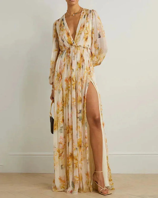 Women’s Floral Deep V-Neck Maxi Dress with High Slit and Flowing Sleeves