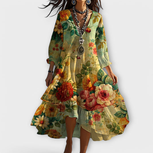 Women’s Floral Boho Flowy V Neck Maxi Dress